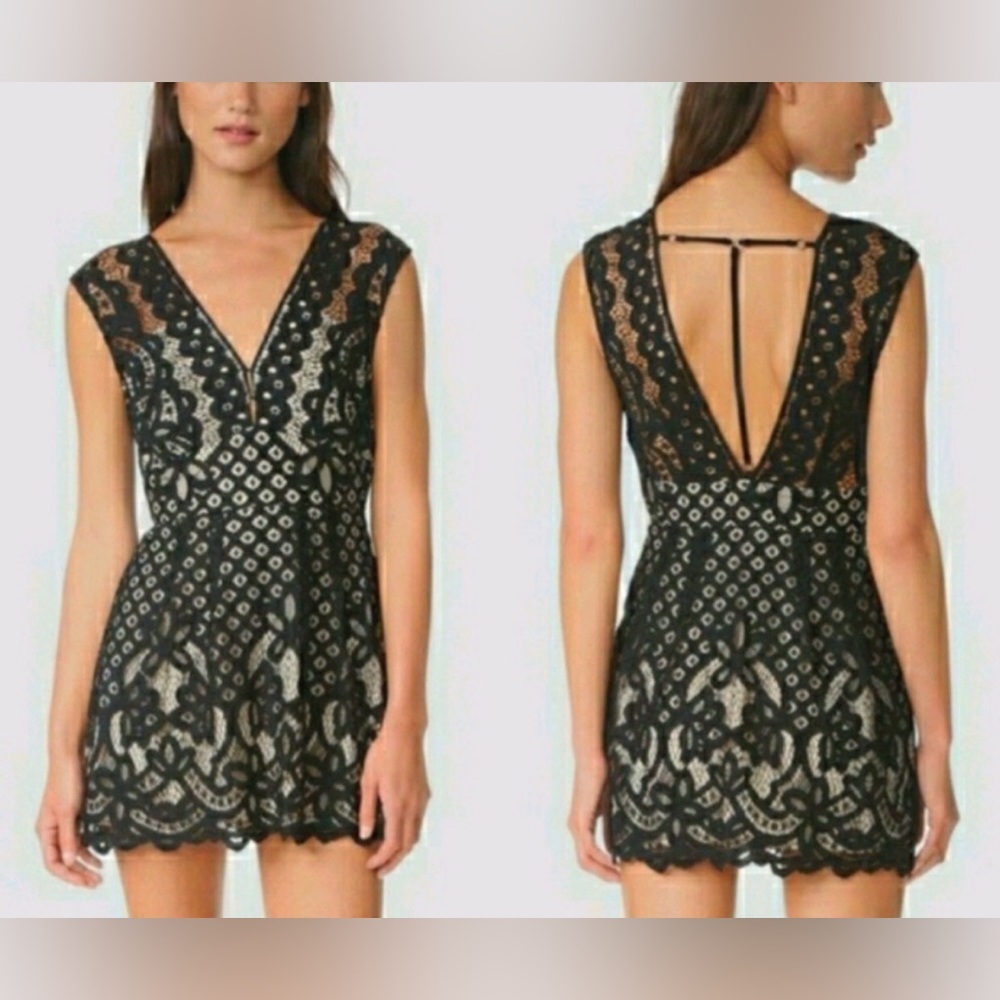 Free People One Million Lovers Black Lace + Cream Deep V-Neck Mini Dress | Sz 6